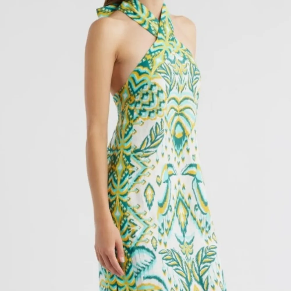 FARM RIO Blue/Greens & Cream Beads Tropical Tapestry Linen Halter Maxi Sundress - Picture 6 of 16